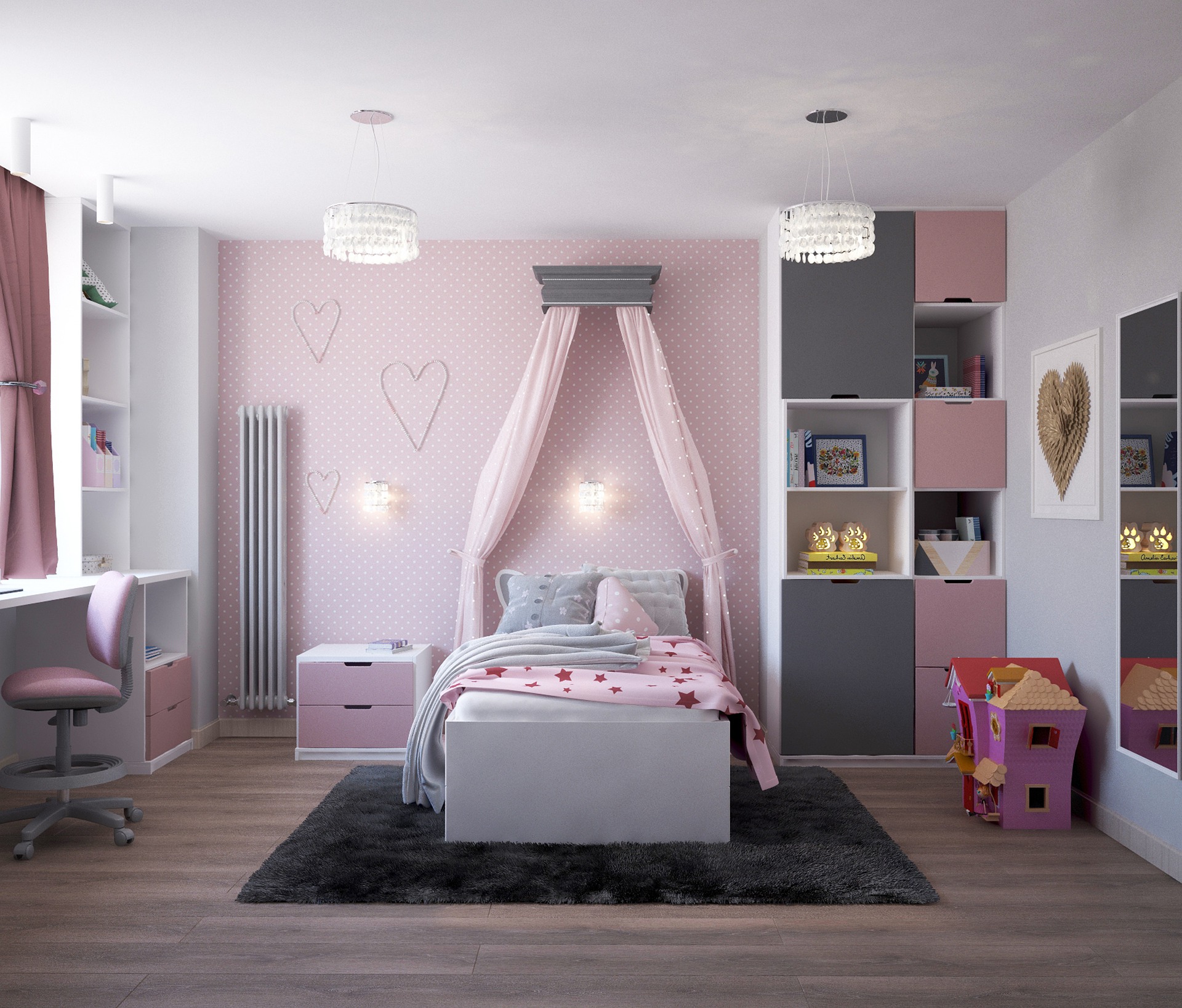 Phòng ngủ màu hồng nhẹ nhàng nữ tính cho con gái mệnh Hỏa